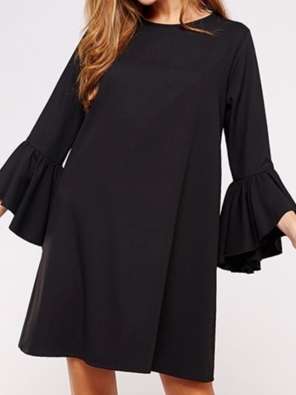 2 HEARTS, Elegant Black Bell-Sleeve Mini Dress, Sz M